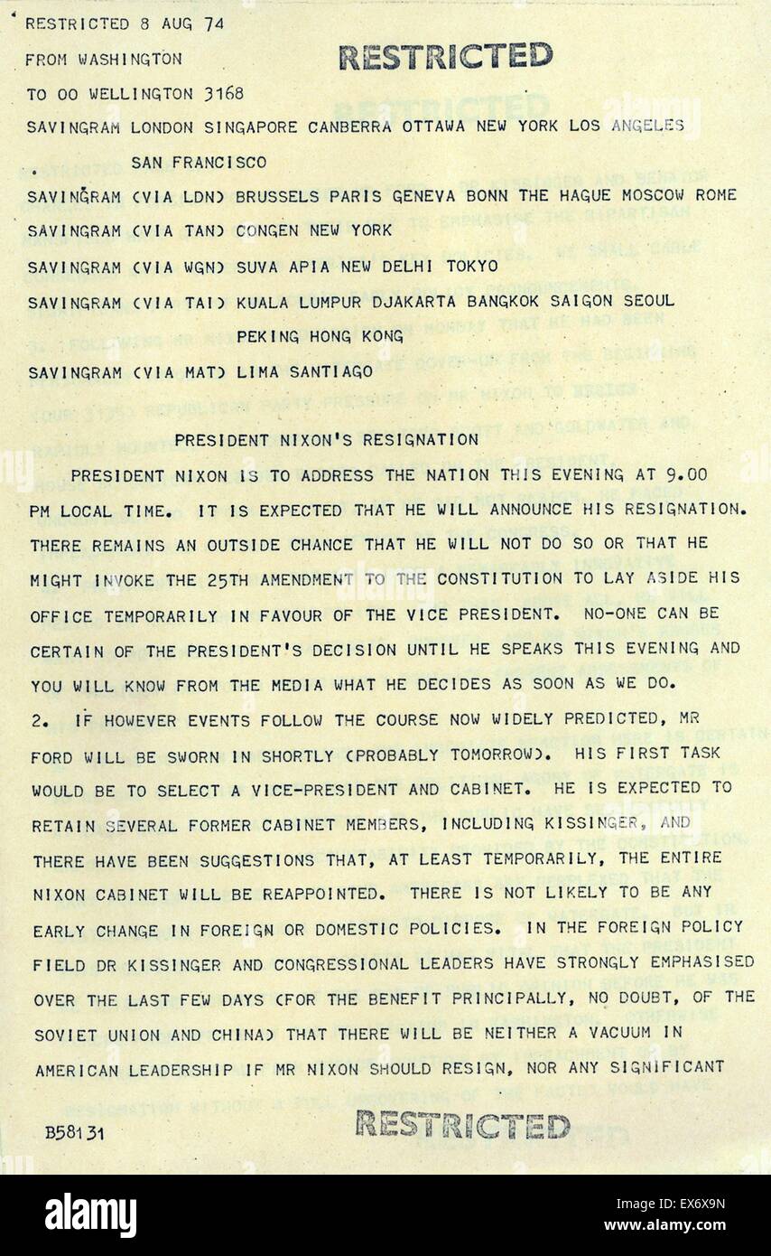 Telegram sent to US diplomats in Asia ahead of the televised resignation of President Richard Nixon as US President in 1974 Stock Photo