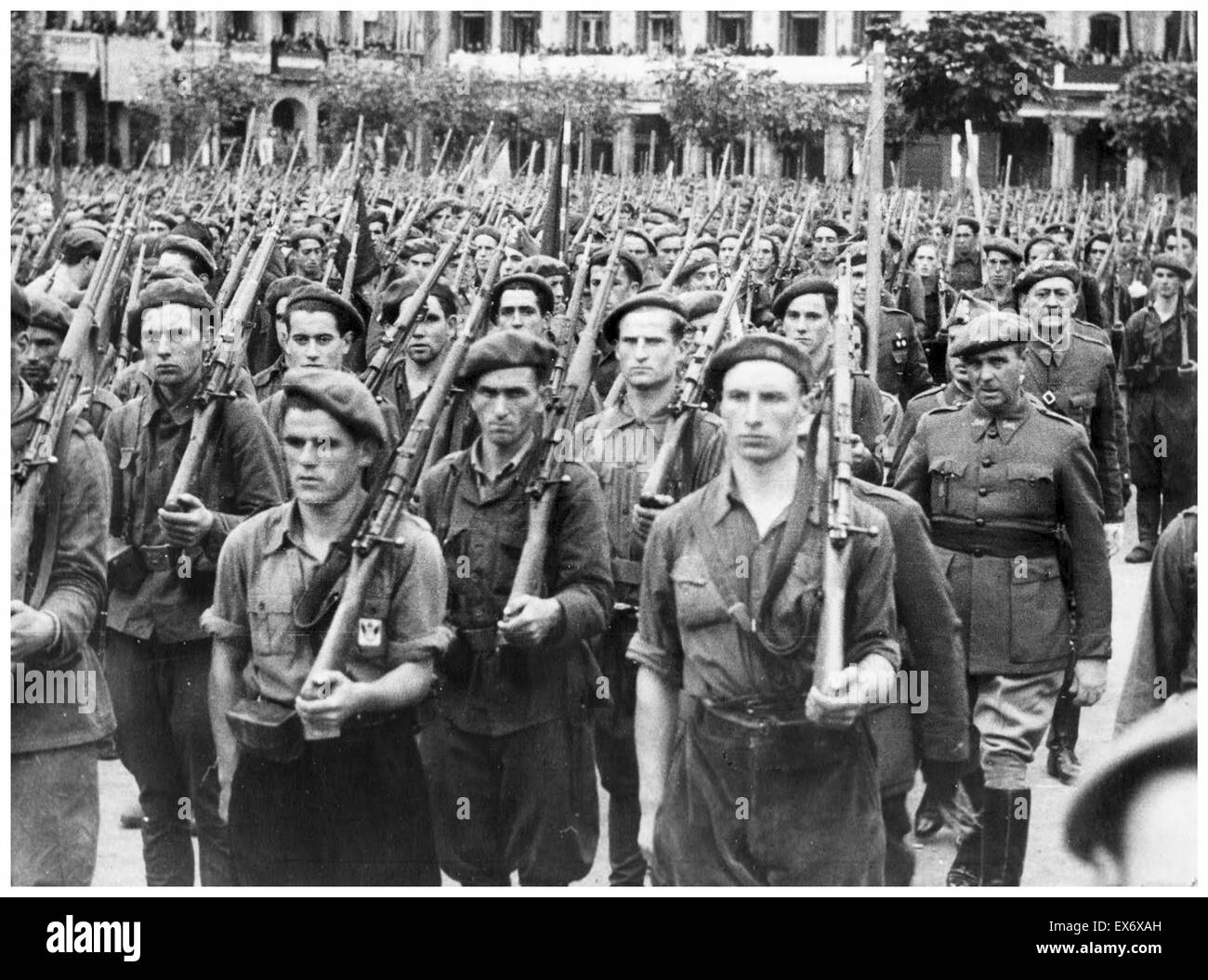 Spanish Civil War: Nationalist (pro Franco) soldiers train in the Plaza del Castillo, Pamplona. 1937 Stock Photo