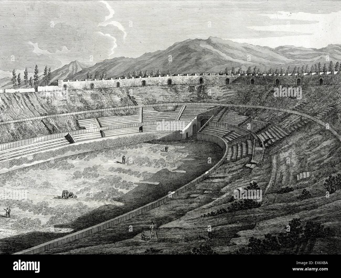 19th century drawing of the Amphitheatre at Pompeii Italy. The Amphitheatre of Pompeii is the oldest surviving Roman amphitheatre. It is located in the ancient Roman city of Pompeii, and was buried by the eruption of Vesuvius in 79 CE Stock Photo