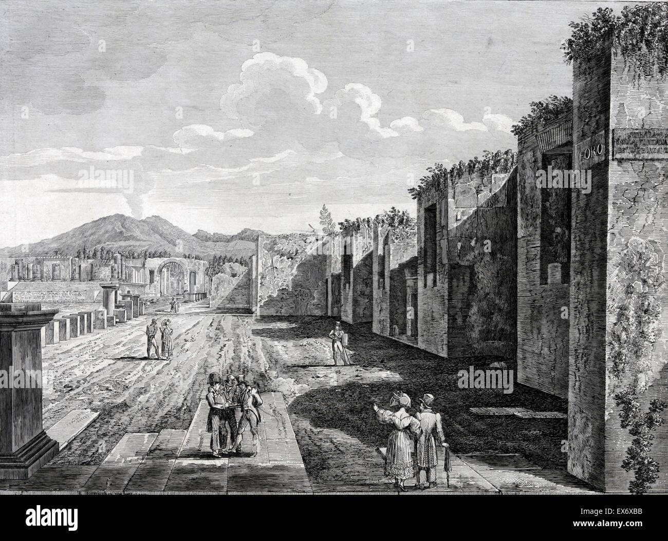 19th century drawing of the tourists visiting the Roman ruins at Pompeii Italy.. The ancient Roman city of Pompeii, was buried by the eruption of Vesuvius in 79 CE Stock Photo