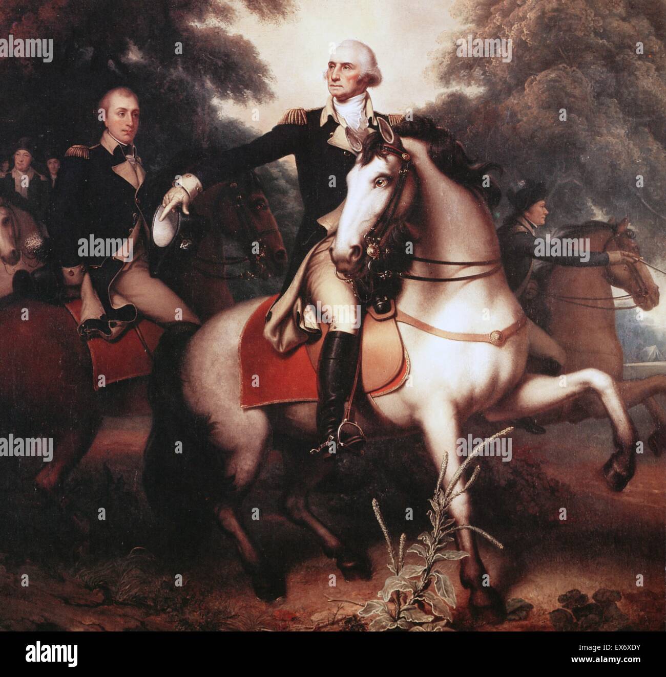 Washington before Yorktown by Rembrandt Peale (1778-1860). The picture shows George Washington, full-length portrait, in full dress uniform on horseback preparing his troops for the final battle of the Revolutionary War in Yorktown, Virginia. The figure t Stock Photo
