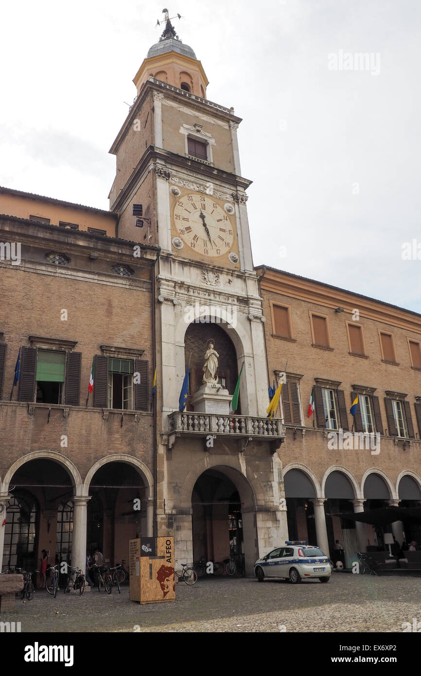 Clock Tower (Torre dell'Orologio), part of Palazzo Comunale, Modena. Stock Photo