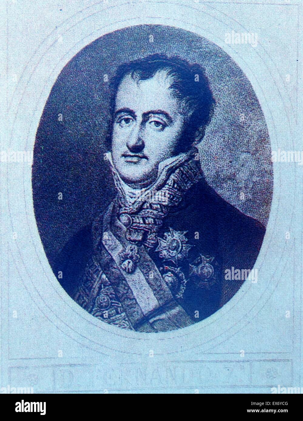 Ferdinand VII (Spanish: Fernando VII de Borbón; 14 October 1784 – 29 September 1833) was twice King of Spain: in 1808 and again from 1813 to his death. He was known to his supporters as 'the Desired' (el Deseado) and to his detractors as the 'Felon King' Stock Photo