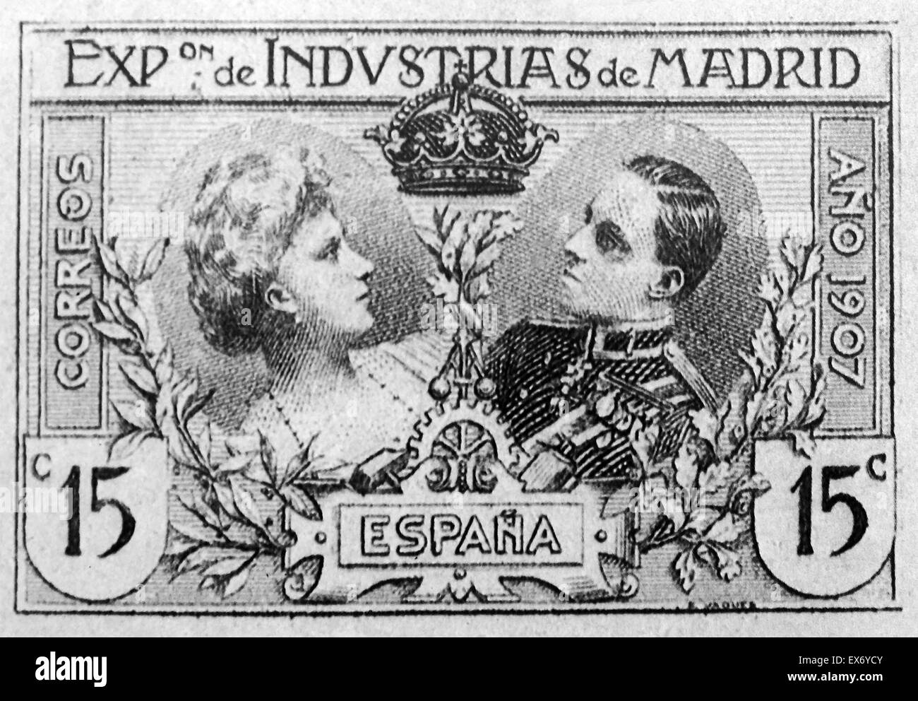 Stamp to mark the Exposition of Industry in Madrid depicting Queen Victoria Eugenie and Alfonso XIII , 1886 – 1941 King of Spain from 1886 until 1931. Stock Photo
