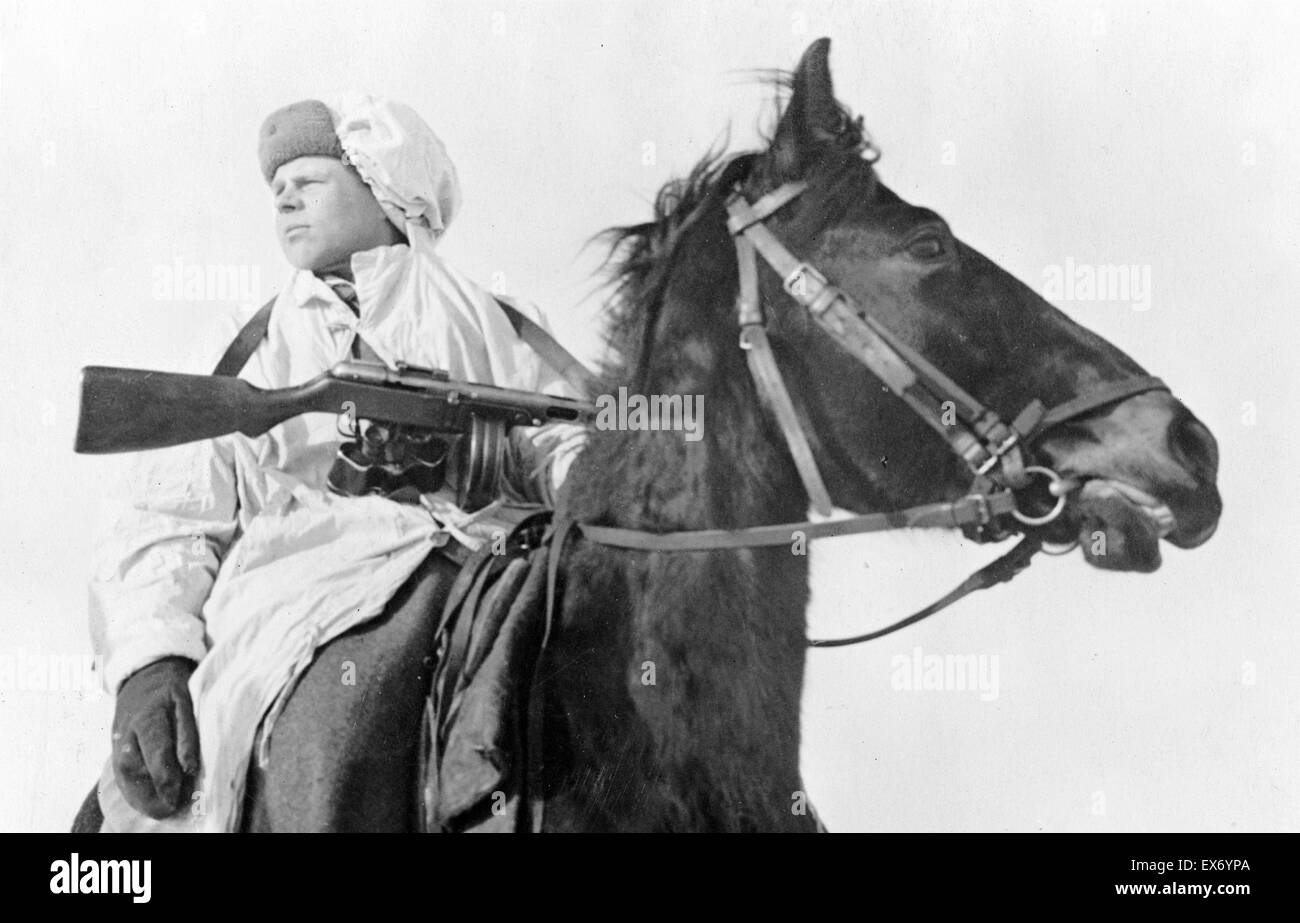 Mounted Russian army scout on the western front in the USSR, World War Two. Stock Photo