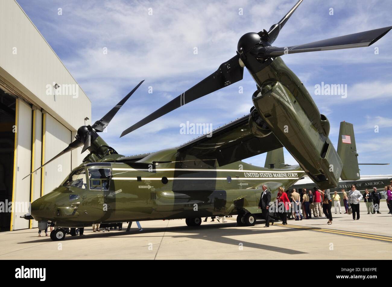US Air Force, MV-22 B 'Osprey,' after a MV-22-B Introduction Ceremony in the HMX-1 hangar on May 4th, 2013. Stock Photo