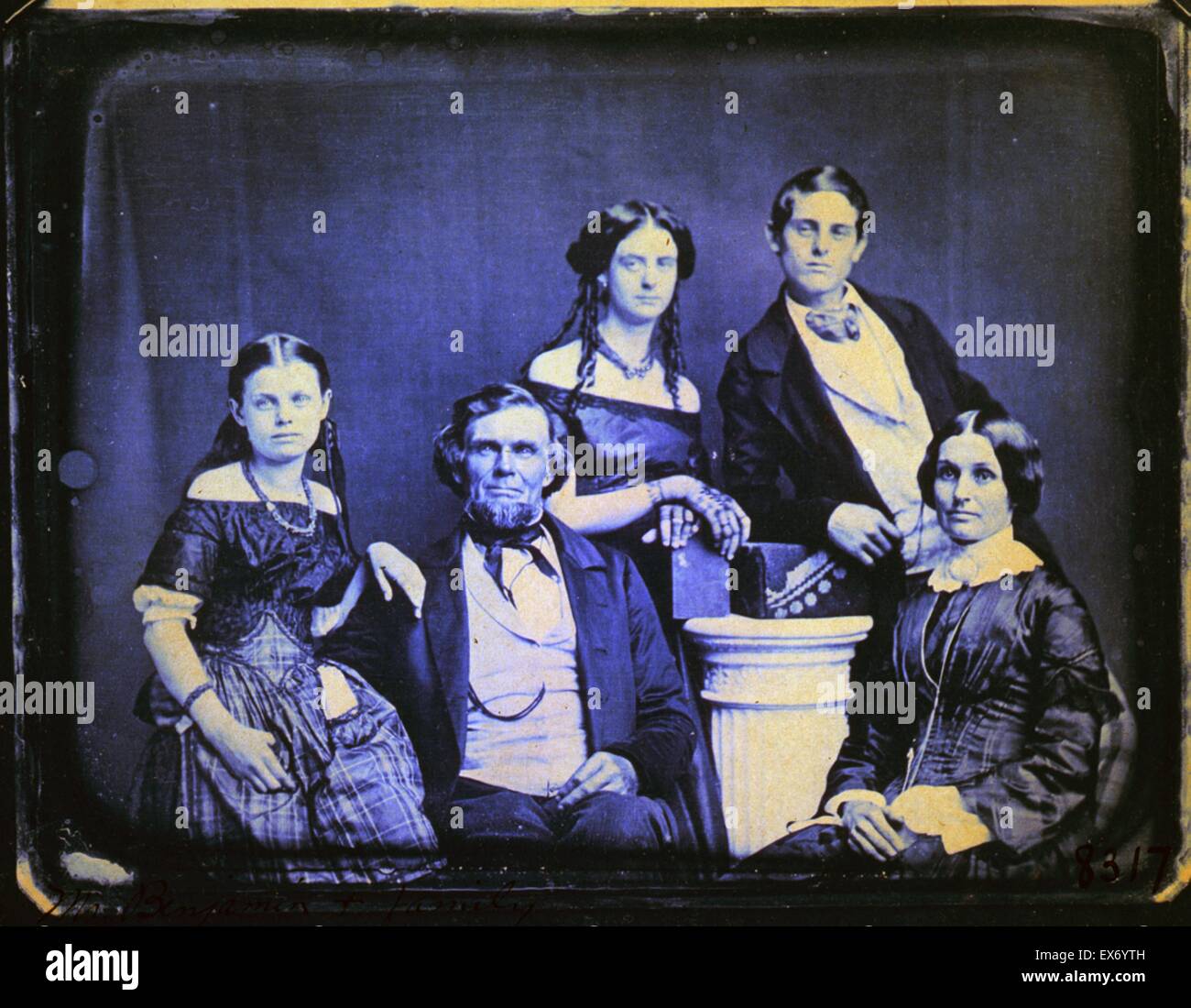 19th century family photo of an American middle class family: Mr. Zina Hitchcock Benjamin family, posed left to right: Cornelia, Zina Hitchcock, Frances Antoinette, Samuel Clark, and Joanette Clark. 1875 Photograph by Edward Tompkins Whitney, 1820-1893 Stock Photo