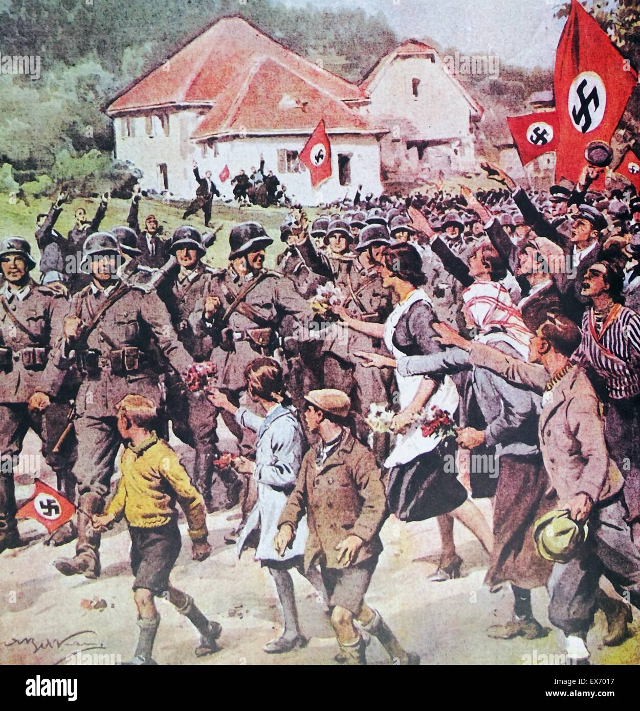 German soldiers enter the Sudeten land in 1938. The Sudeten crisis of 1938 was provoked by the demands of Nazi Germany that the Sudetenland be annexed to Germany, which in fact took place after the later infamous Munich Agreement Stock Photo