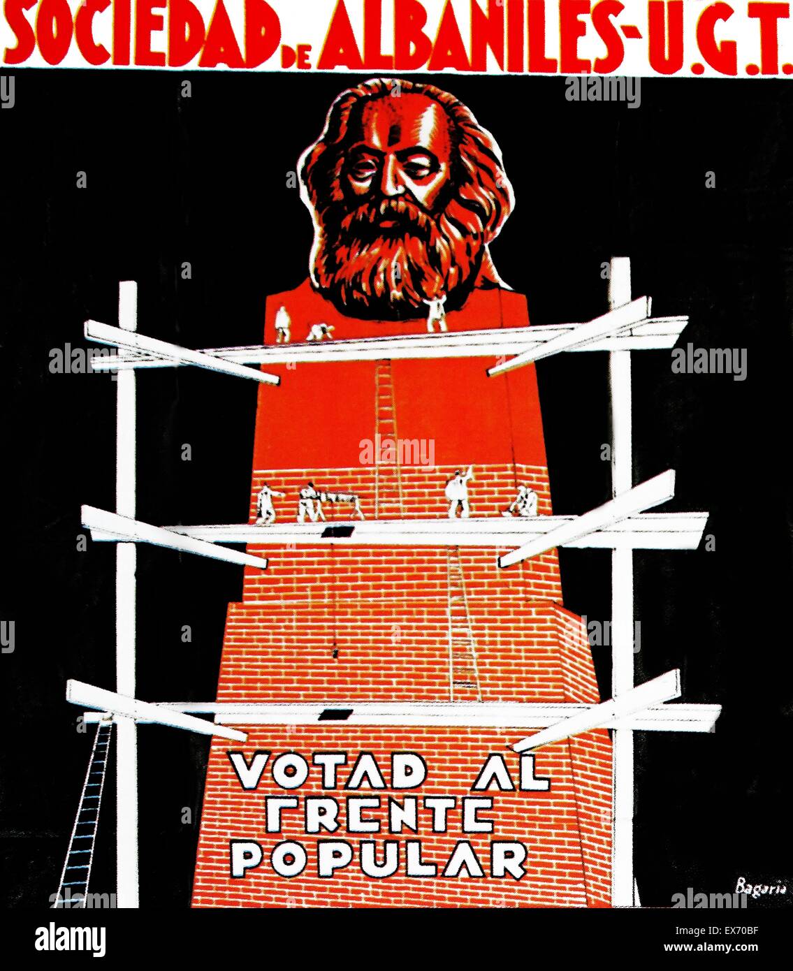 1936 Spanish left wing election poster, showing the construction of a giant statue of Karl Marx with the slogan ' Vote for the popular Front'. Stock Photo