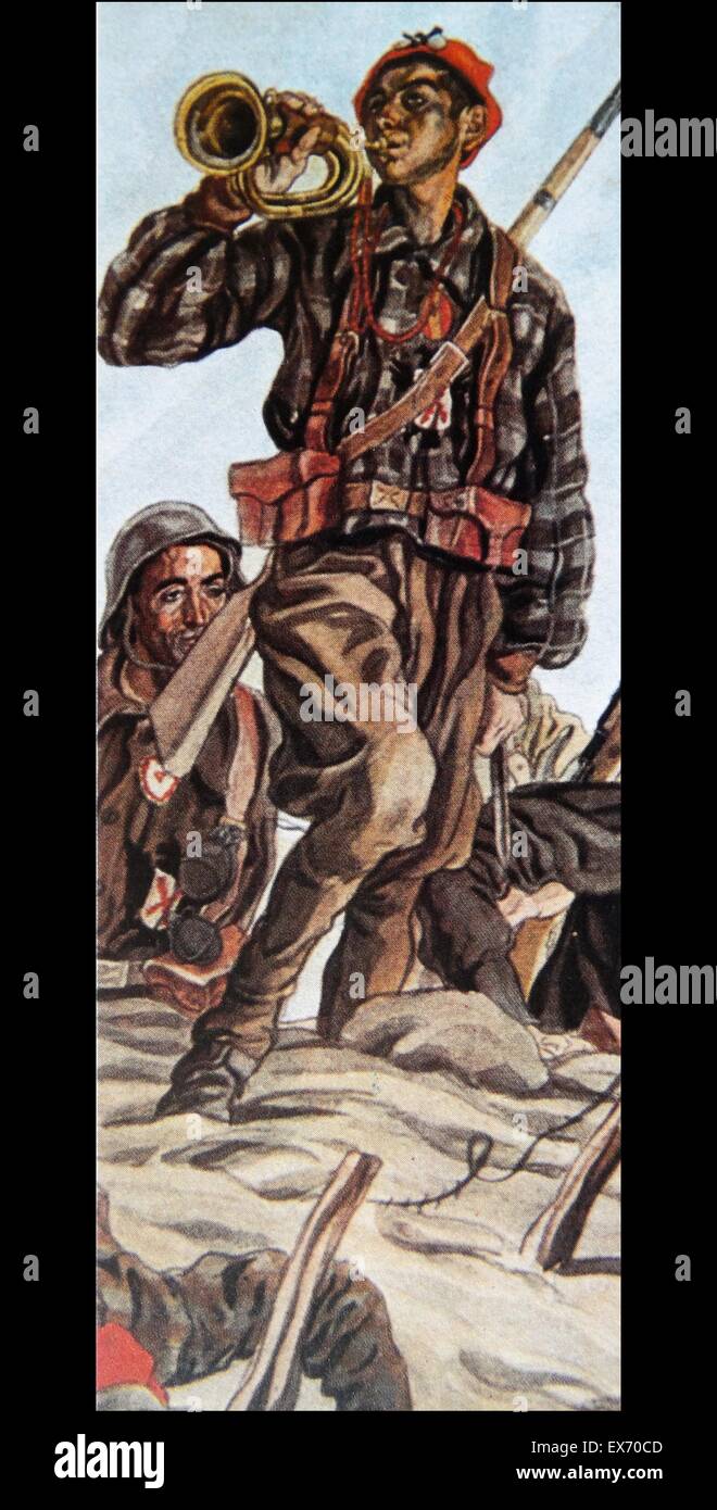 Carlist propaganda illustration of Carlist bugler playing. Carlism is a political movement in Spain seeking the establishment of a separate line of the Bourbon dynasty on the Spanish throne. After the October 1934 Revolution, which cost the life of the Ca Stock Photo