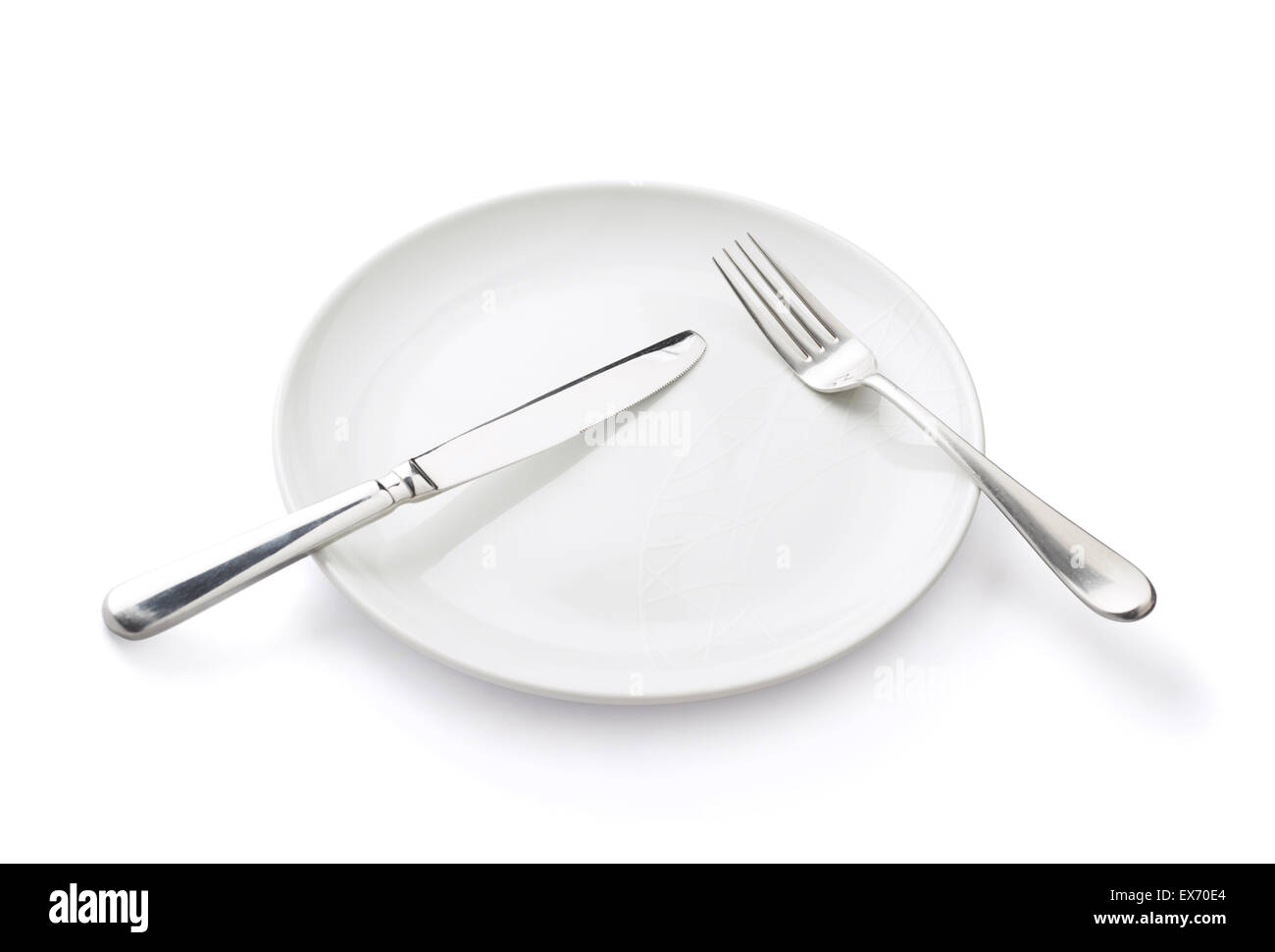 Knife and fork over the plate isolated Stock Photo Alamy