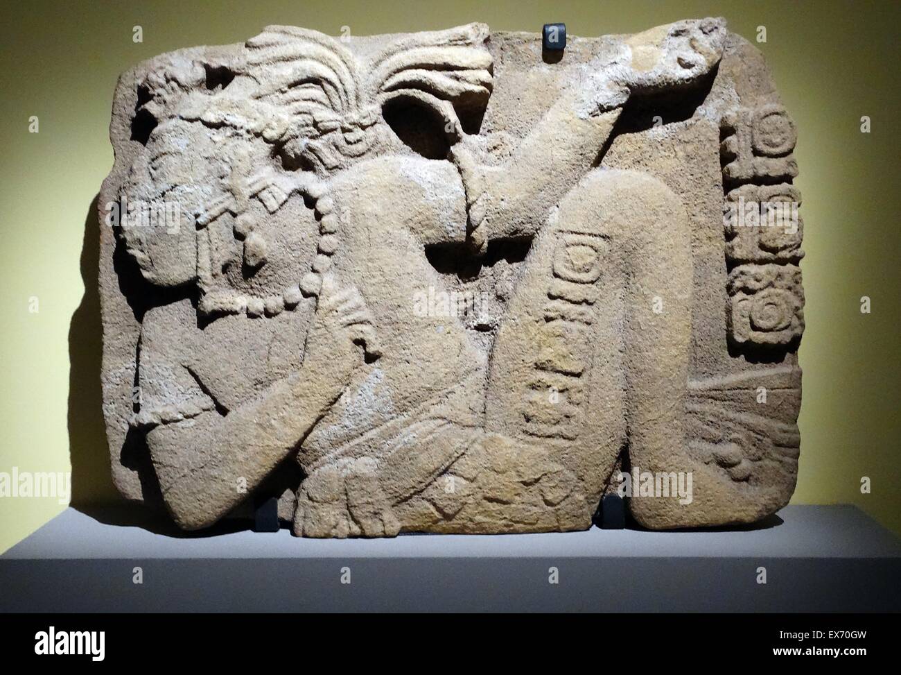 Relief depicting the Mayan King K'inich K'an Joy Chitam as a captive. Found at Tonina, Palenque Mexico 600-900 AD Stock Photo