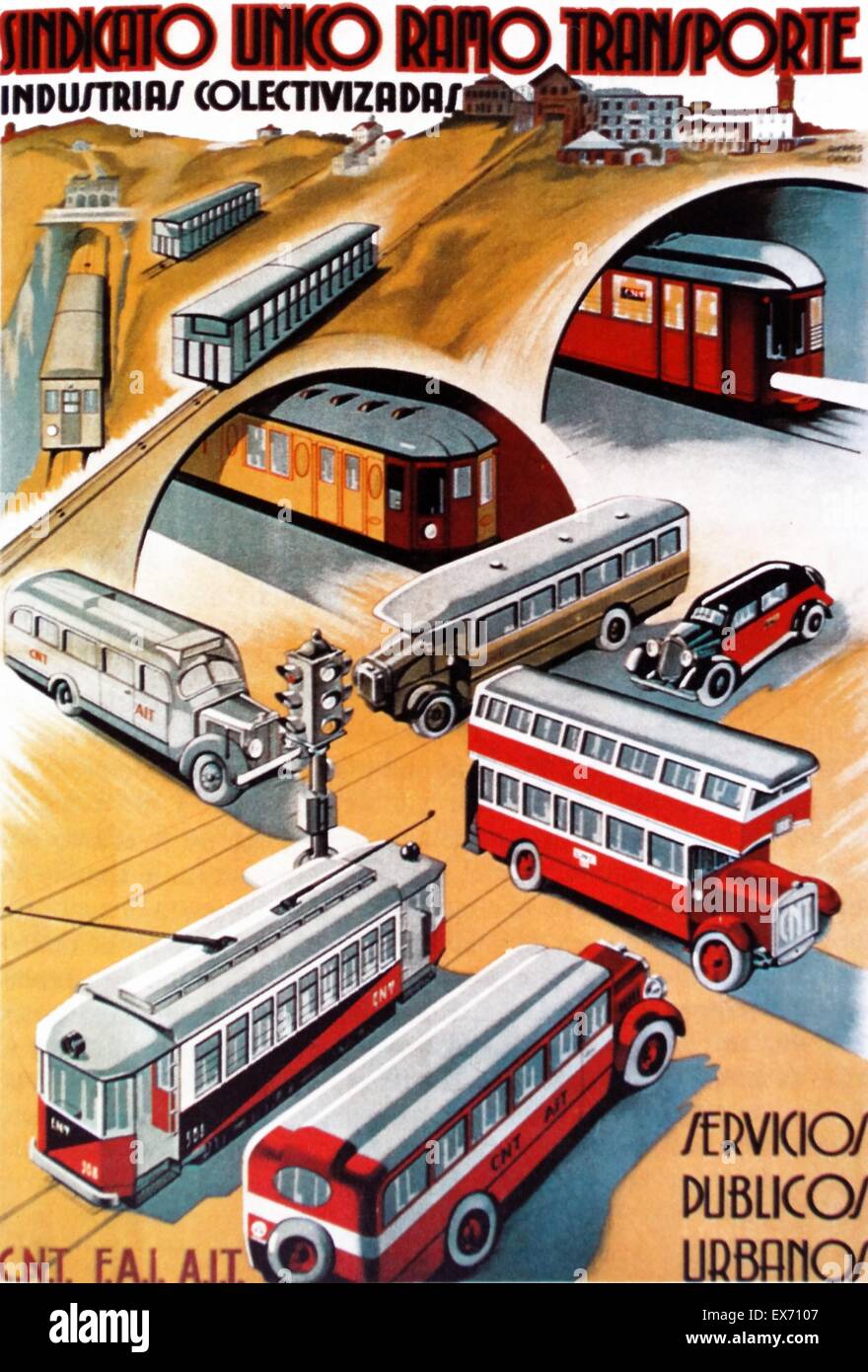 Propaganda poster by Ricard Obiols, from the Second Spanish Republic: Sindicato Unico Ramo Transporte. Extolling the achievements of the publicly run transport system. Stock Photo
