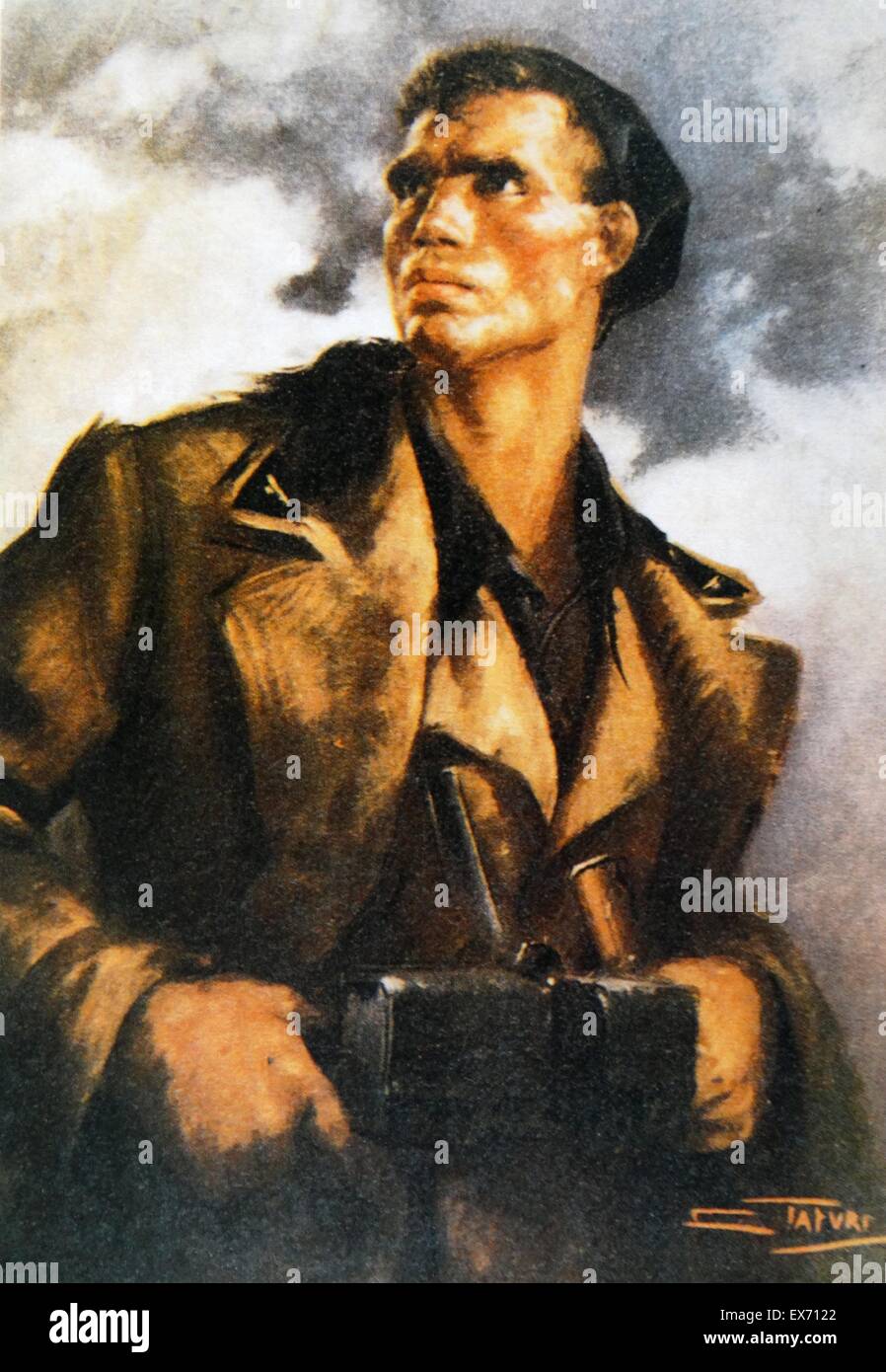 Painting of a soldier from the Corps of Volunteer Troops (Italian: Corpo Truppe Volontarie, CTV) was an Fascist Italian expeditionary force which was sent to Spain to support the Nationalist forces under General Francisco Franco against the Spanish Republ Stock Photo