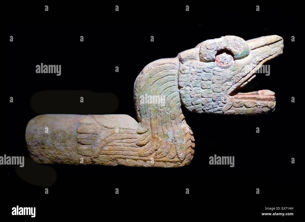 post-classical Mayan Sculpture of a plumed serpent (quetzal) from Chichen Itza, Yucatan, Mexico 900-1250 AD Stock Photo