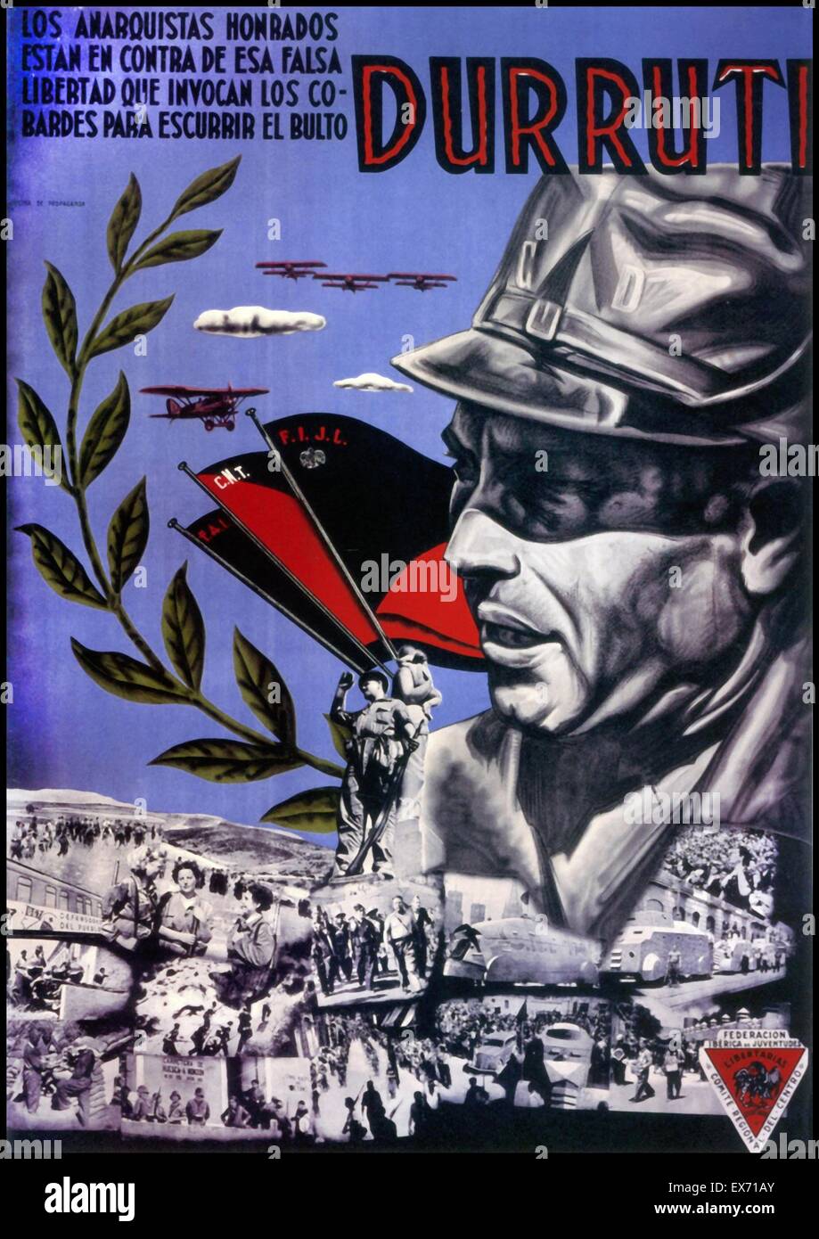 Spain! True Anarchists are against false liberty, invoked by cowards, to avoid their duty. Publication by the Spanish Anarchist movement with a portrait of José Buenaventura Durruti (1896 – 20 November 1936). Durruti was an Anarcho-syndicalist militant in Stock Photo