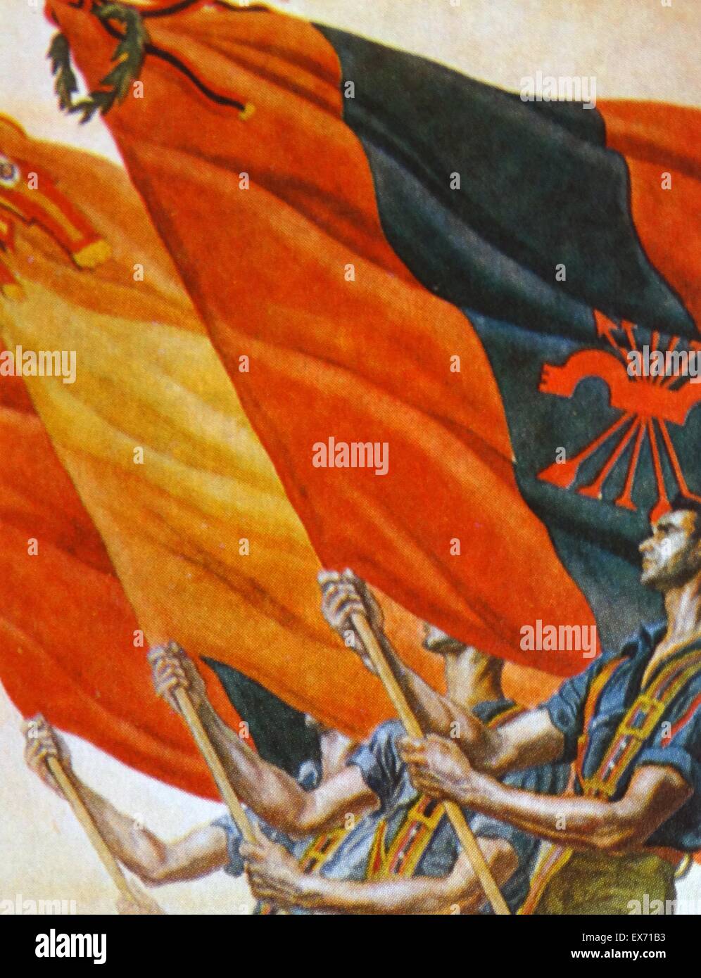 The Fascist flag of the Falange is waved in a Spanish civil war, nationalist propaganda illustration Stock Photo