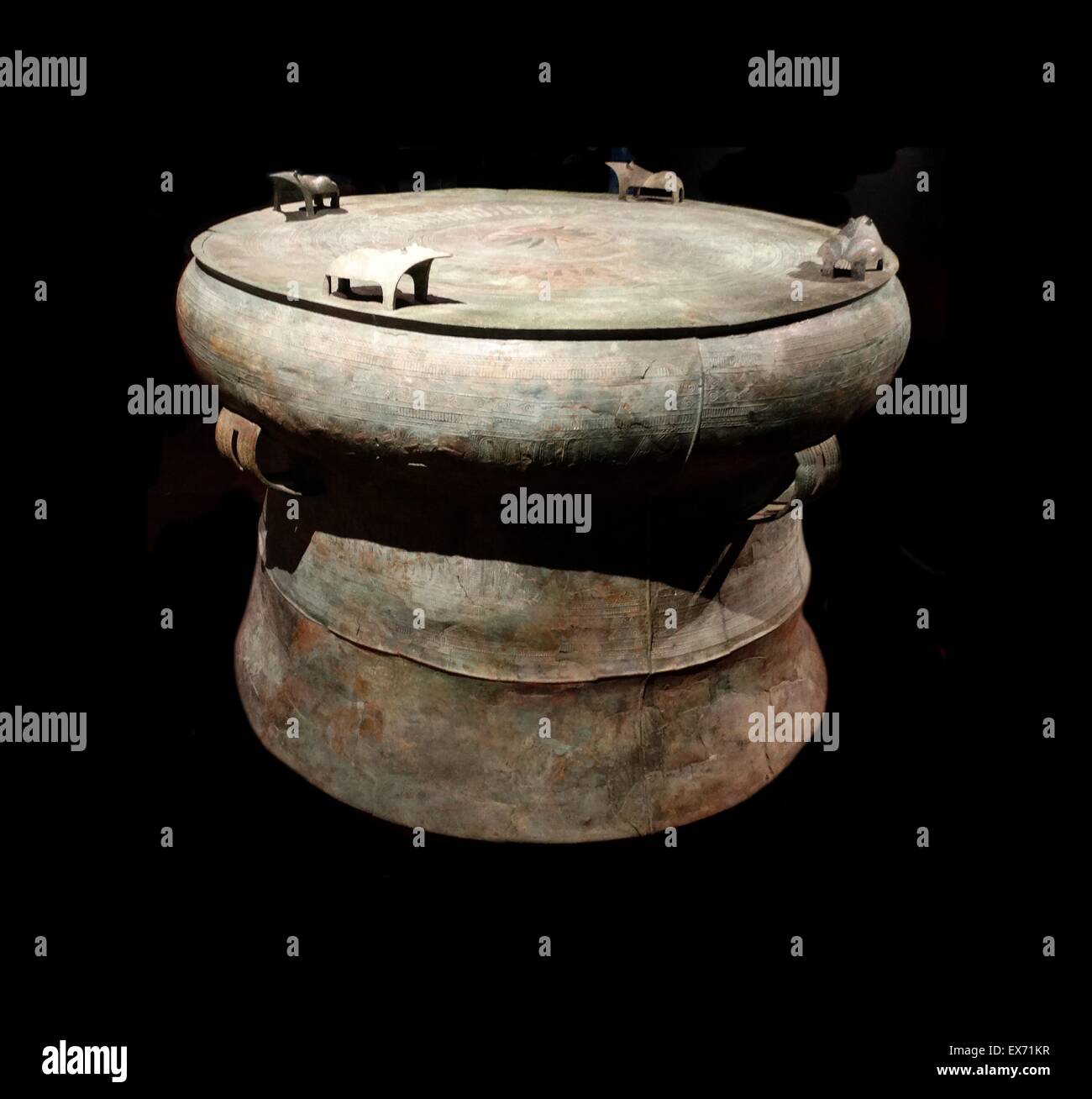 Javanese bronze drum 4th century BC -2nd century AD. Although found in Indonesia this form of musical instrument was common to South east Asia in particular Vietnam Stock Photo