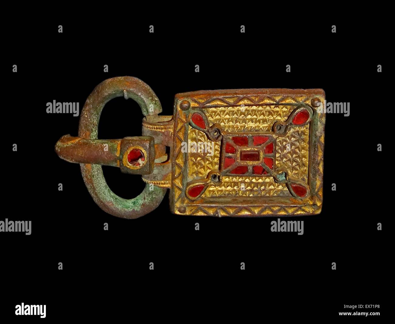Gothic style buckle with rectangular plate deriving from Roman forms. The decoration reveals regional Gothic fashion. The gilded silver buckle with an eagle's head is typical of the northern Black Sea area which was settled by Crimean Goths. AD 400- 660; Stock Photo