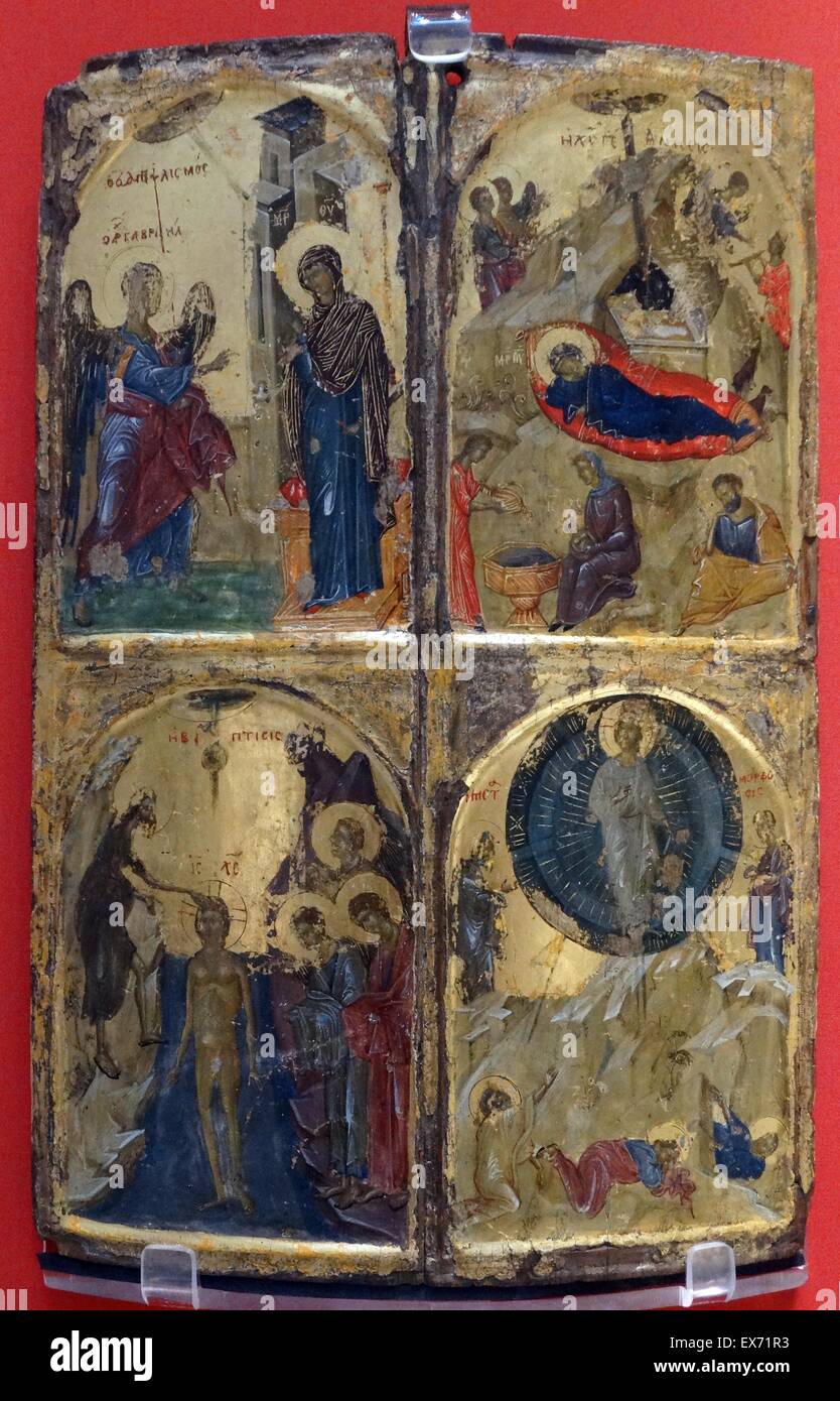 Icon with four church feasts, probably painted in Thessalonica, 1310—1320; Egg tempera, gilding, wood, gesso Greece; the most important artistic centre in the Byzantine Empire after Constantinople. It depicts four episodes from the life of Christ that wer Stock Photo