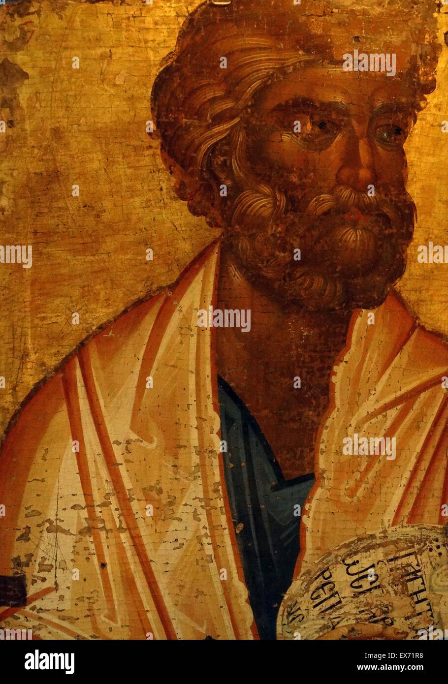 Icon of St Peter, depicts St Peter as an elderly man carrying a scroll, inscribed with a plea for celibacy written in Greek. About 1320 Stock Photo
