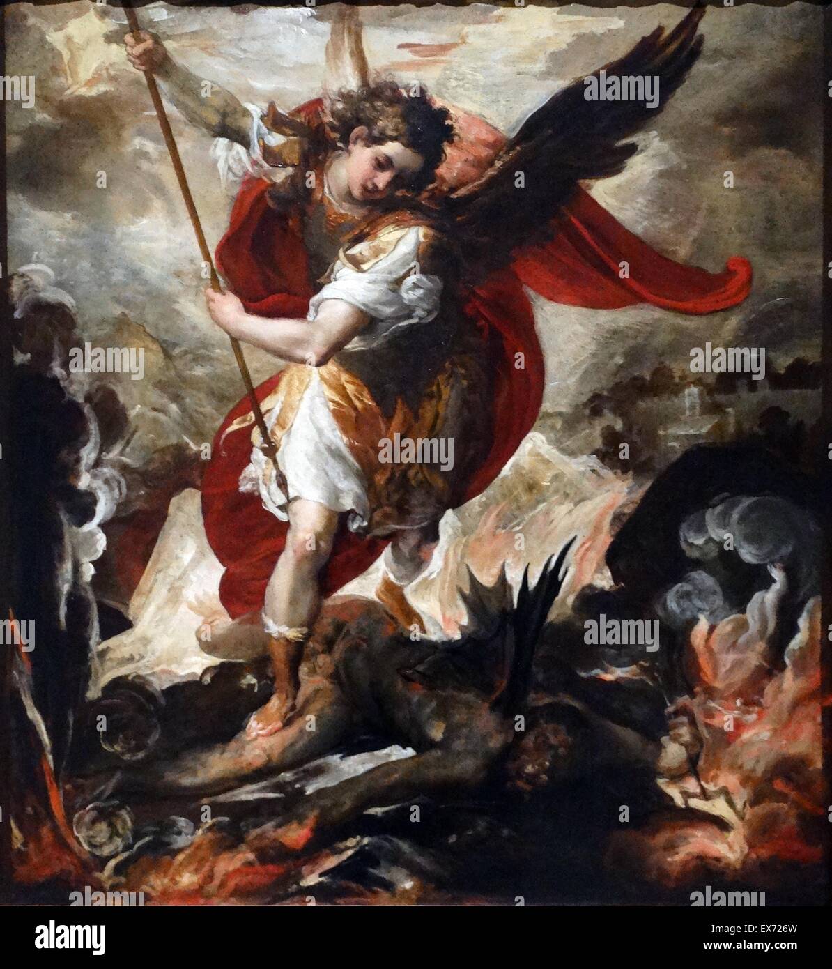 Saint Michael the Archangel defeats Lucifer, 1656 Francesco Maffei 1605-1660. Oil on board Stock Photo