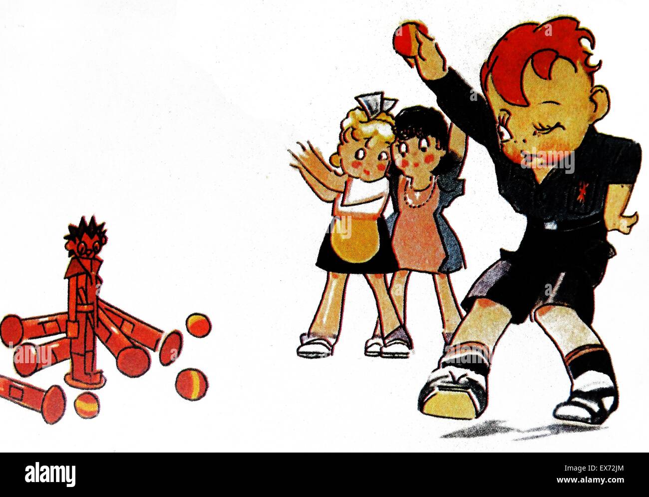 Cartoon illustration depicting Falange children playing bowls by using effigy communist ten pin sticks, during the Spanish Civil War Stock Photo