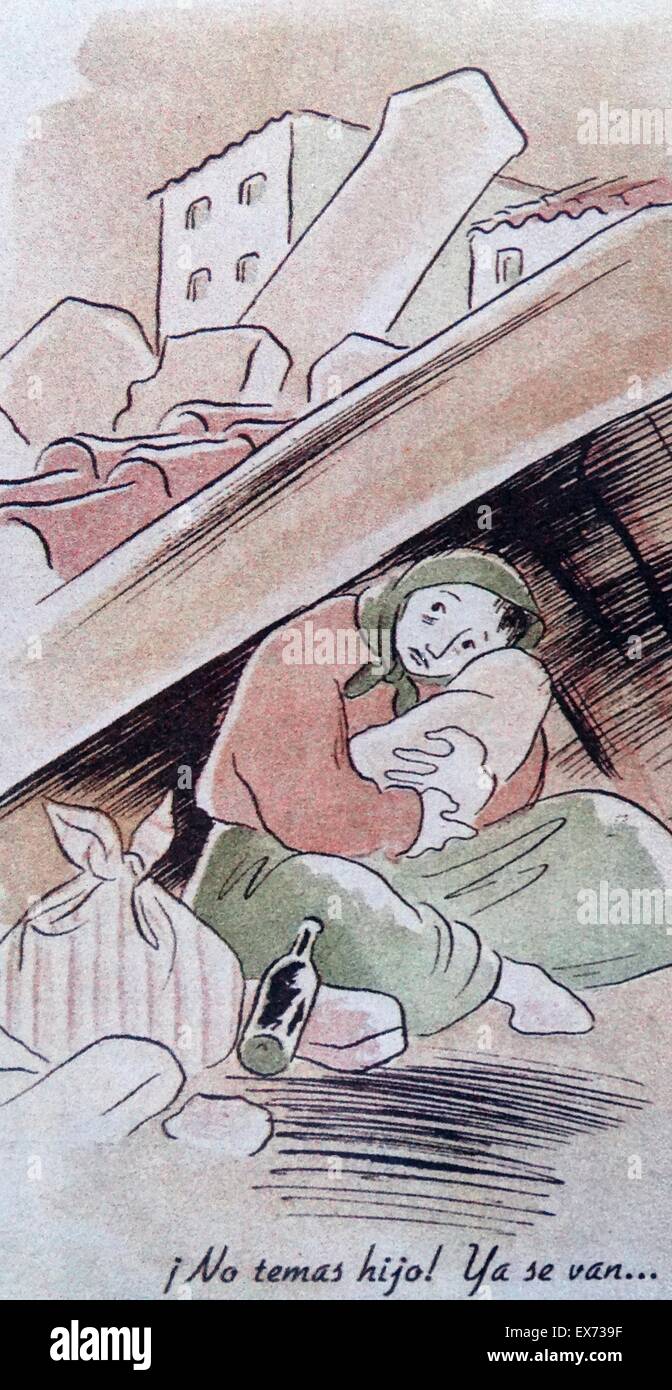 Illustration showing a woman with baby sheltering in a ruined building, during the Spanish Civil War Stock Photo