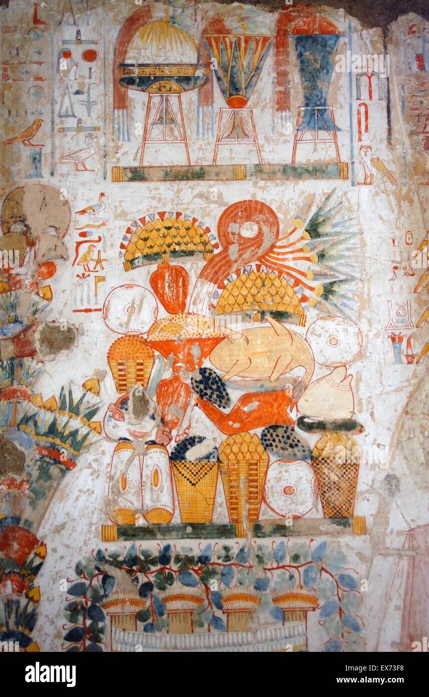 Fresco from the tomb of Nebamun, Fragment of a polychrome tomb-painting representing funerary offerings and with four vertical registers of polychrome painted hieroglyphs surviving . Thebes, Egypt 18th Dynasty, around 1350 BC Stock Photo