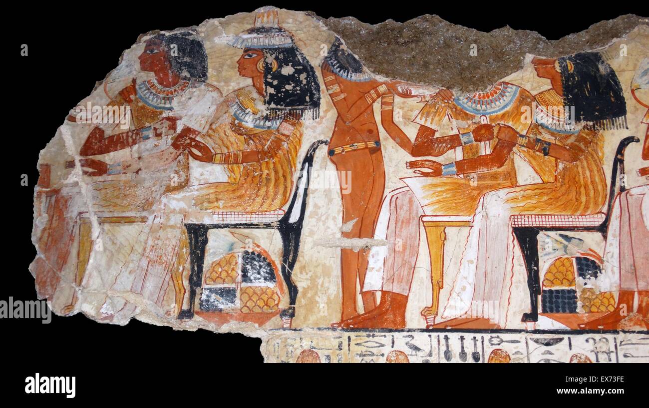 Fresco from the tomb of Nebamun, Fragment of a polychrome tomb-painting showing a banquet scene. Thebes, Egypt 18th Dynasty, around 1350 BC Stock Photo