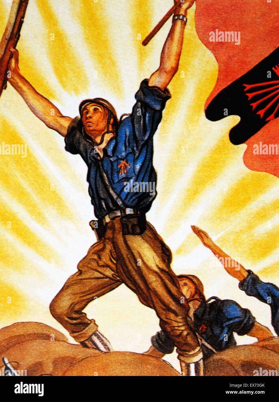 A heroic illustration of a Falangist during the Spanish Civil War, by Rafael Saenz de Tejada Stock Photo