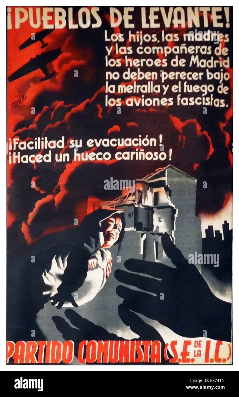 Spanish Civil War poster 'Pueblos de Levante! The children, mothers and the sisters of the heroes of Madrid should not perish under shrapnel and fire of fascist planes' by Jose Renau. Stock Photo