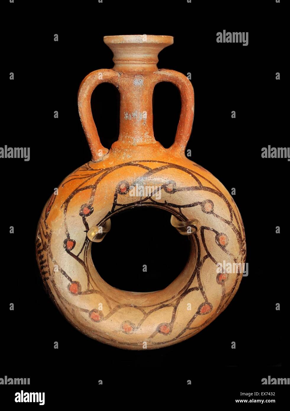 Ring flask with guilloche patterns and floral motifs. This is the only known example from the Meroitic period. Meroitic relates to the kingdom of Meroe in pre-Islamic Sudan. approximately 300 BC to 400 AD. Stock Photo