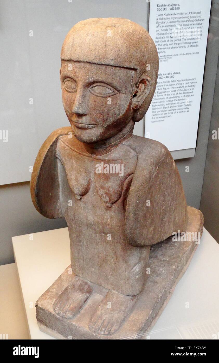 Female Ba-bird statue, 200 BC-AD350 later Kushite (Meroitic) sculpture,  this statue shows a part-human, part-bird figure. The creature embodied the  Egyptian concept of the Ba one of the forms of the soul