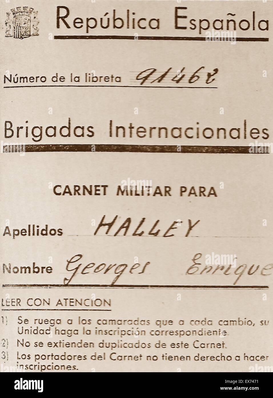 safe Conduct pass for International Brigade volunteer, George henry Halley, during the Spanish civil war Stock Photo