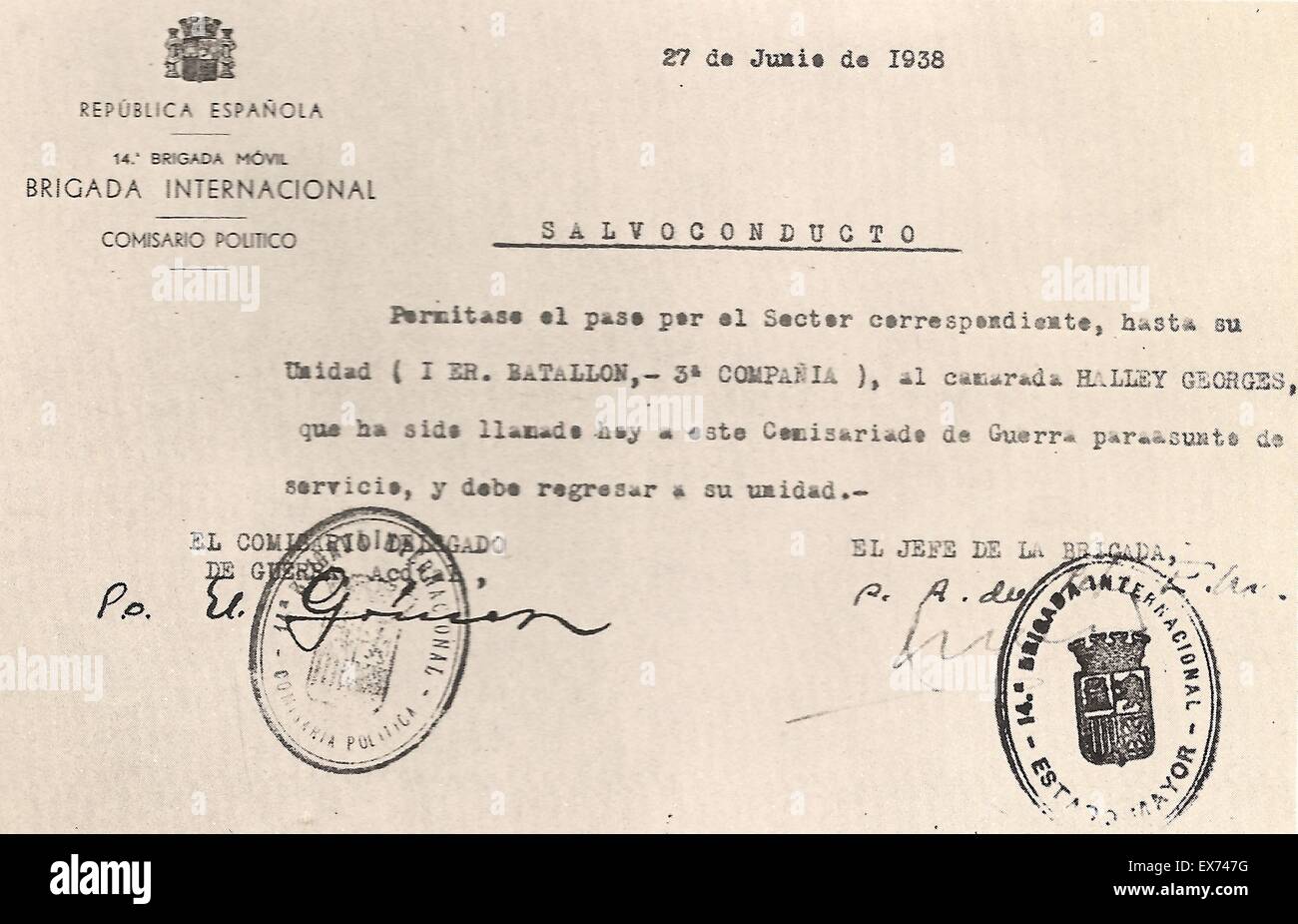 safe Conduct pass for International Brigade volunteer, George henry Halley, during the Spanish civil war Stock Photo