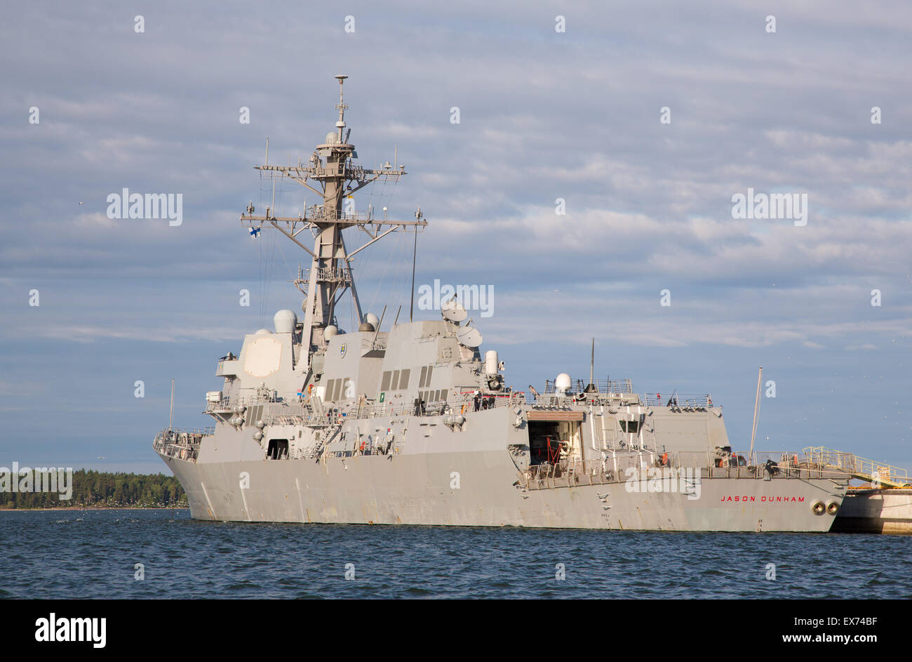 USS Jason Dunham, an Arleigh Burke-class destroyer in the United States Navy, moored at the West Harbor of Helsinki, Finland. Stock Photo