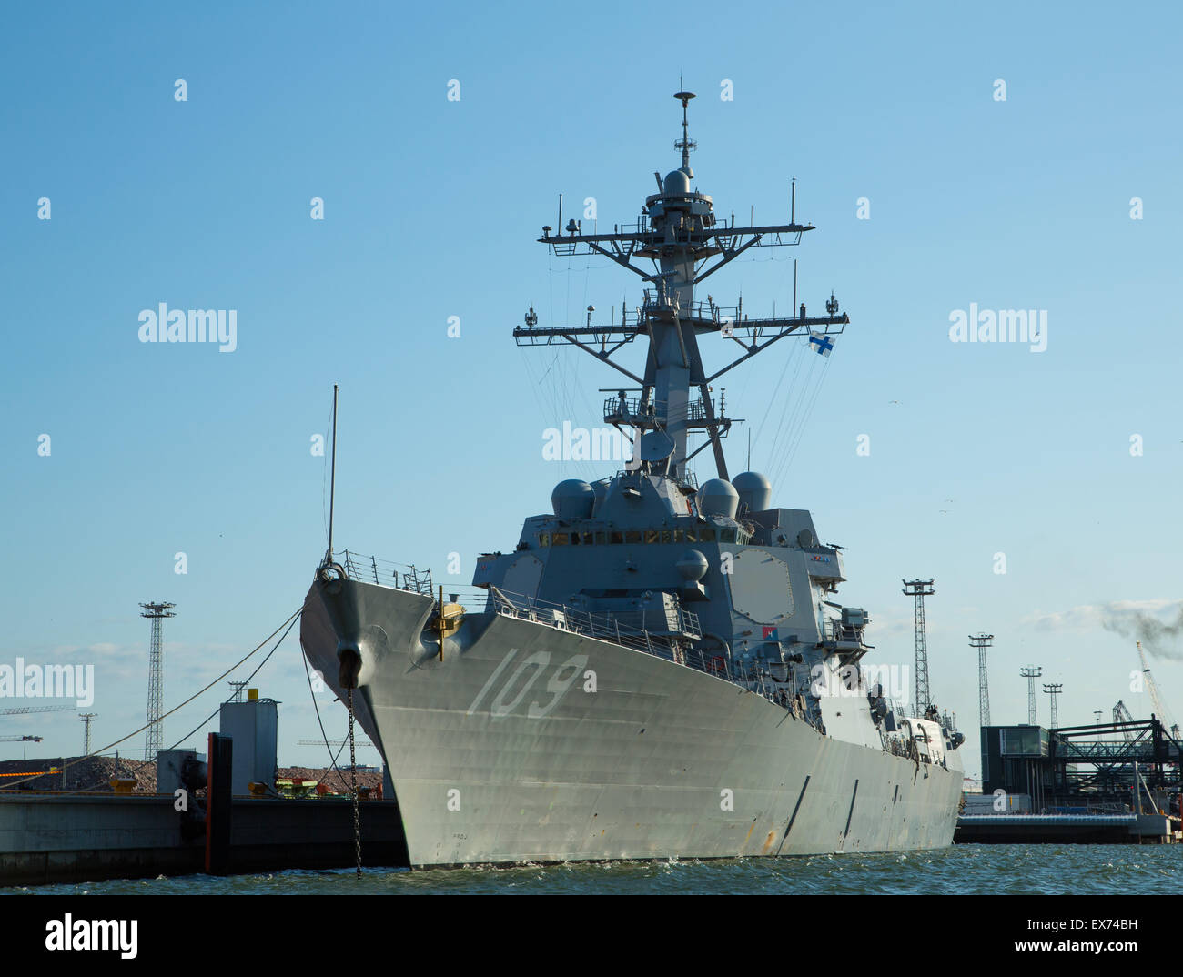 USS Jason Dunham, an Arleigh Burke-class destroyer in the United States Navy, moored at the West Harbor of Helsinki, Finland. Stock Photo