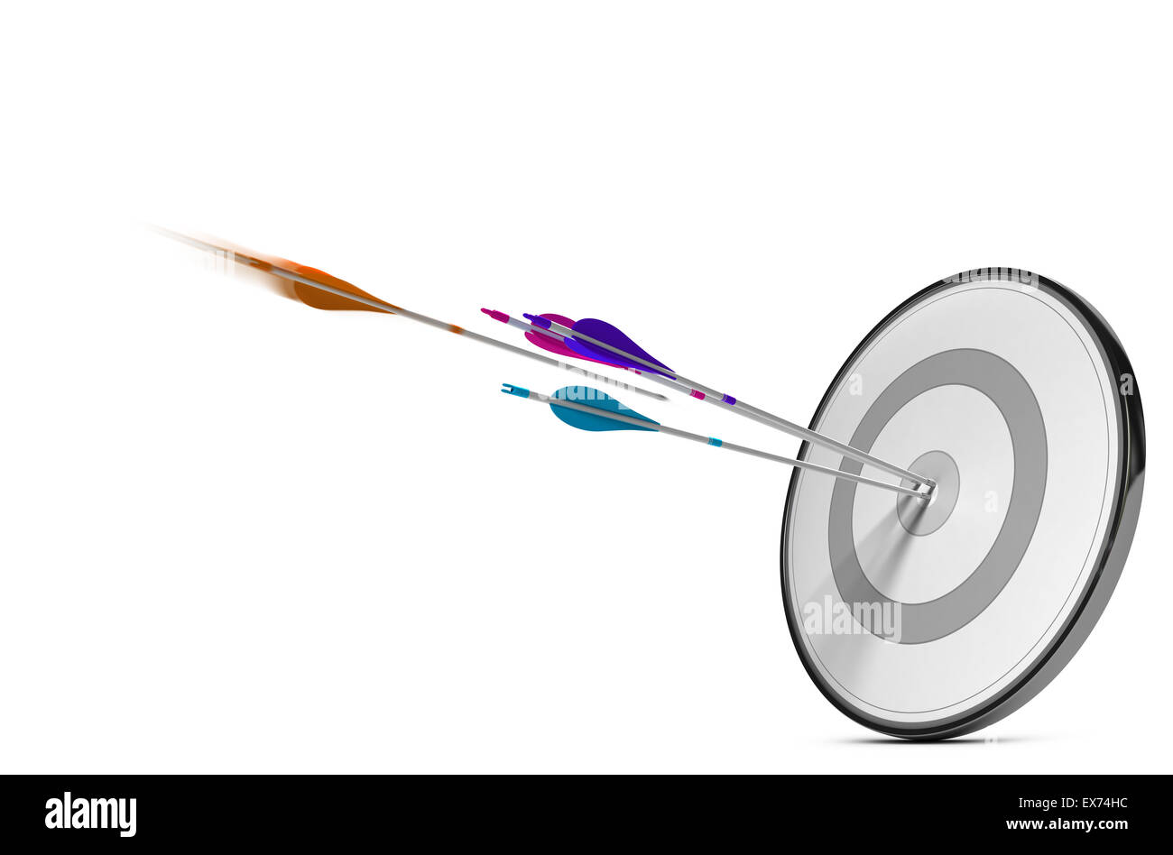 One target with three colorful arrows hitting the center. Concept image for illustration of successful Marketing strategy plan o Stock Photo