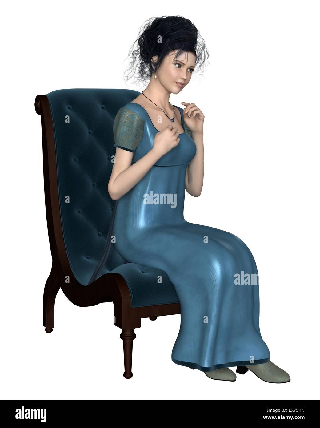 Regency Woman in Blue Dress Sitting on a Chair Stock Photo