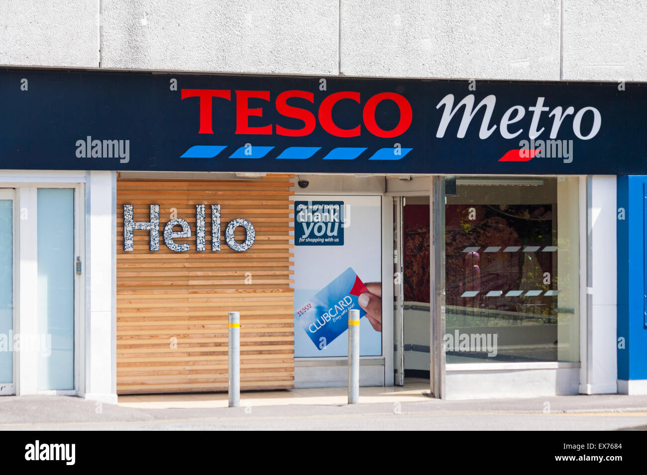 Tesco Metro store, shop front exterior entrance, in Salisbury