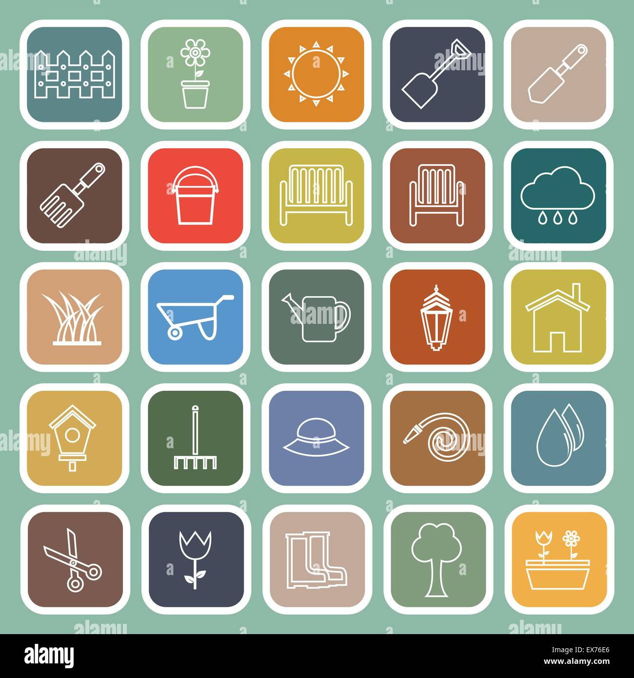 Gardening line flat icons on green background, stock vector Stock ...