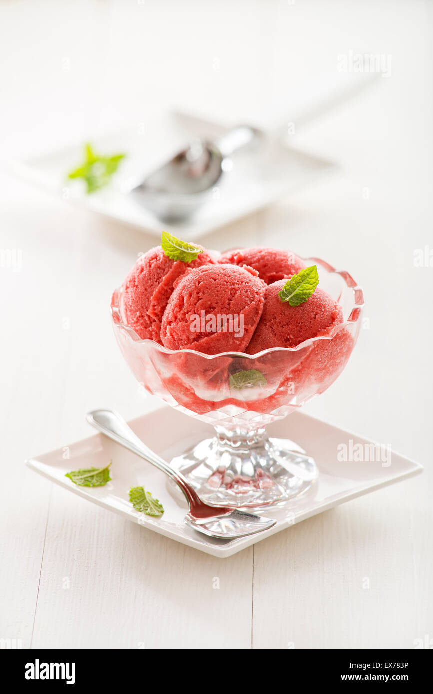Glass strawberry dessert sorbet mint hires stock photography and