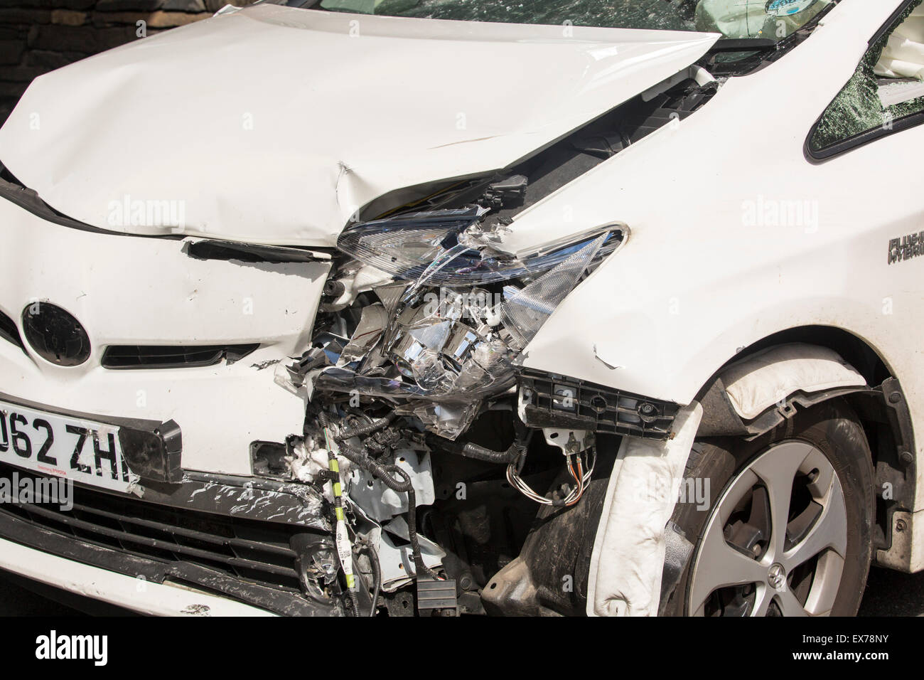 A car crash in Ambleside, UK, with the roof cut off the car to