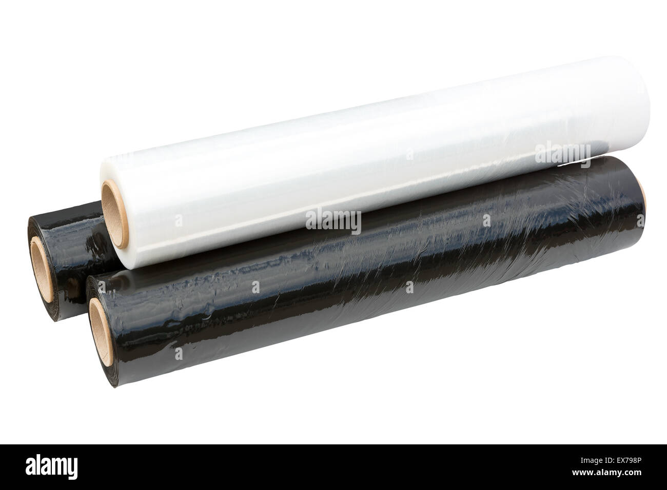 Three rolls of stretch film packaging black and transparent. Wrapping film. Isolated on white background. Stock Photo