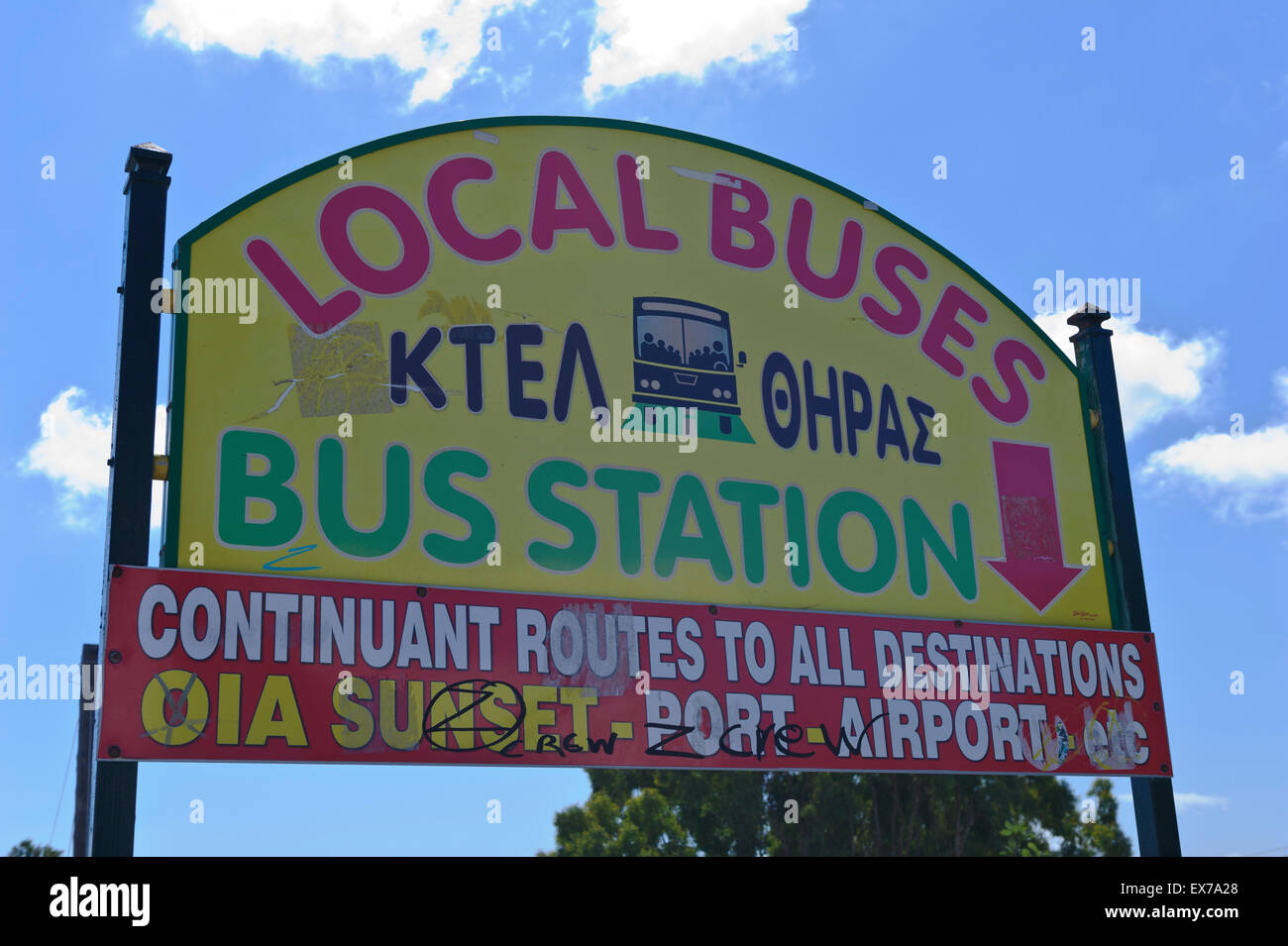A sign at the main bus station in Fira, Santorini, Greece Stock Photo Alamy
