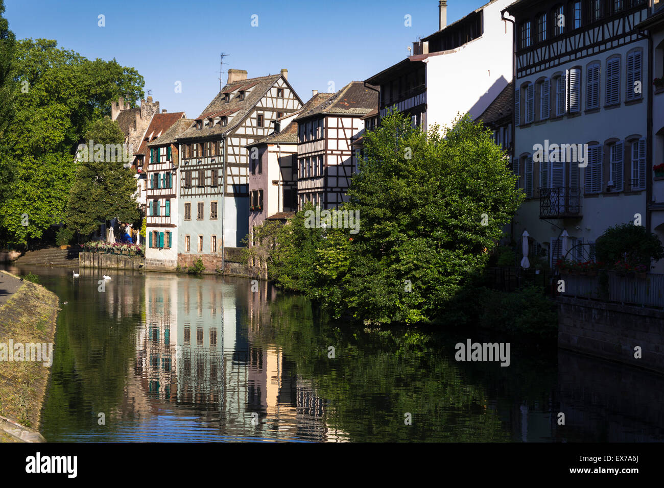 Early morning view of riverside buildings in the Petite France district
