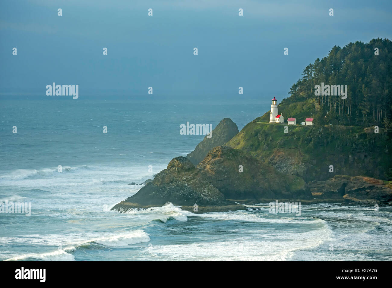 Heceta Head Lighthouse (State Park) on rocky outcrop, Oregon USA Stock Photo