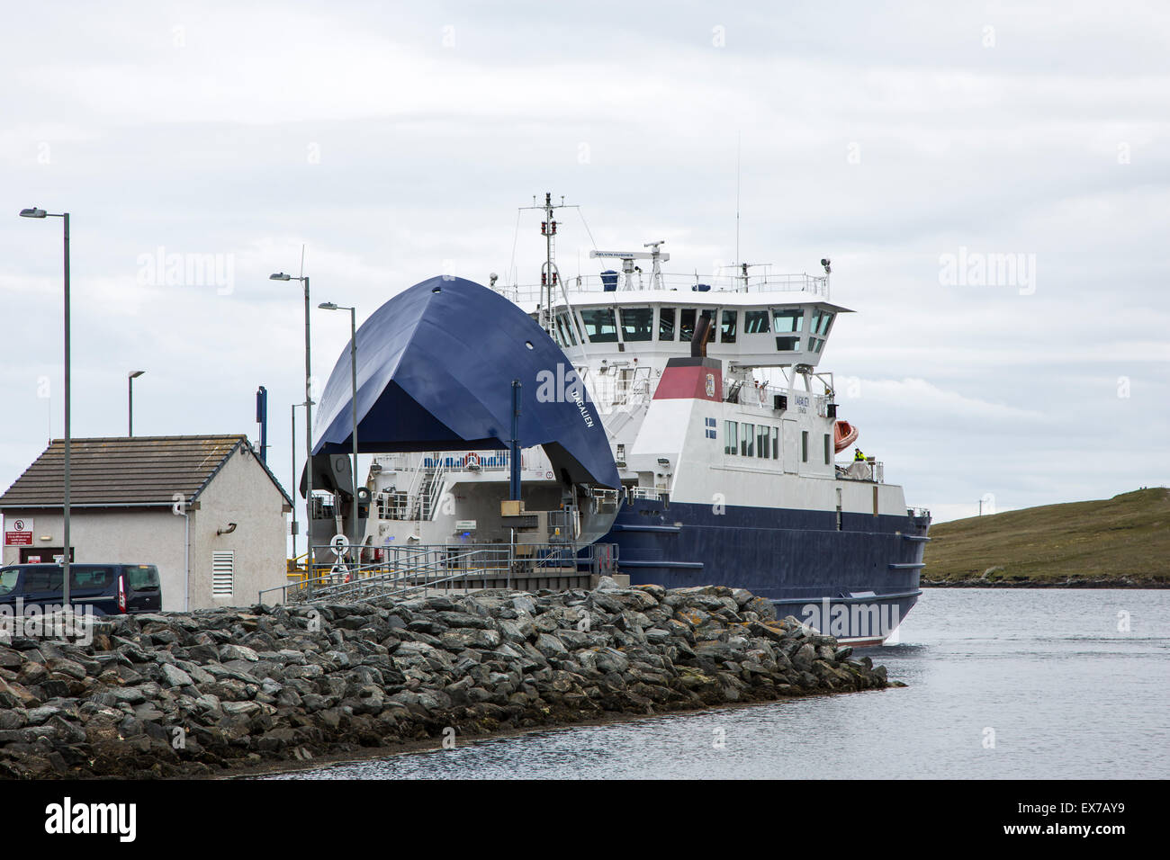 The 'Dagalein' inter-island ferry at Toft, North Mainland, running between Yell and Mainland, Shetlands Stock Photo