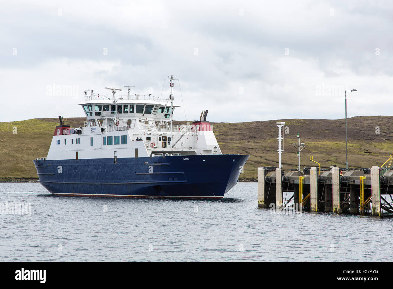 The 'Daggri' inter-island ferry approaching Gutcher, Yell, Shetlands Stock Photo